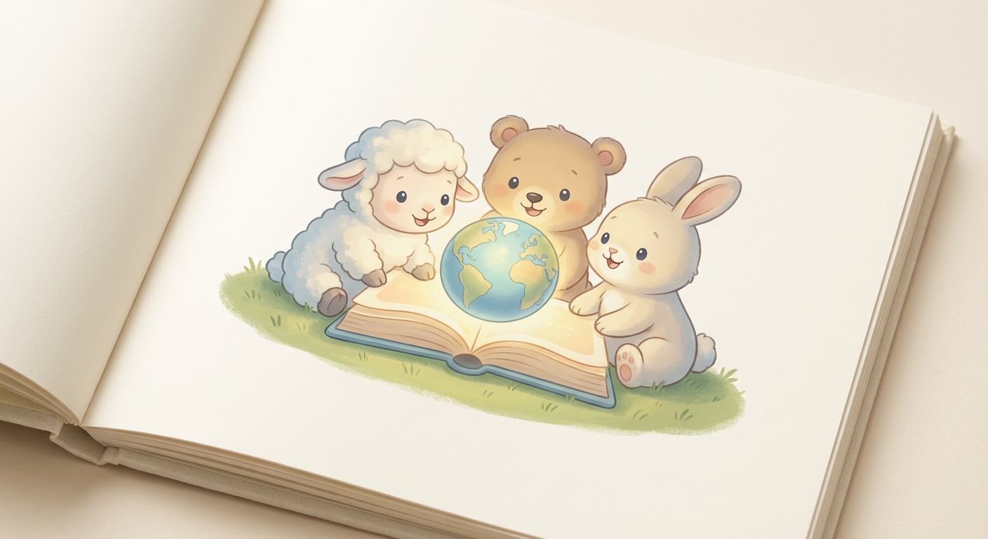 Baby Animals learning scene, Baby Animals animals discovering together, joyful storybook moment, gentle pastel illustration designed for ages 3-4, rounded shapes, caring expressions, text-free illustration with clean unmarked background, balanced composition, soft cinematic lighting, harmonious color palette, inviting and joyful mood