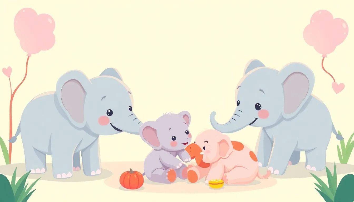Baby Elephants Love to Play learning scene, Baby Elephants Love to Play animals discovering together, joyful storybook moment, gentle pastel illustration designed for ages 3-4, rounded shapes, caring expressions, text-free illustration with clean unmarked background, balanced composition, soft cinematic lighting, harmonious color palette, inviting and joyful mood