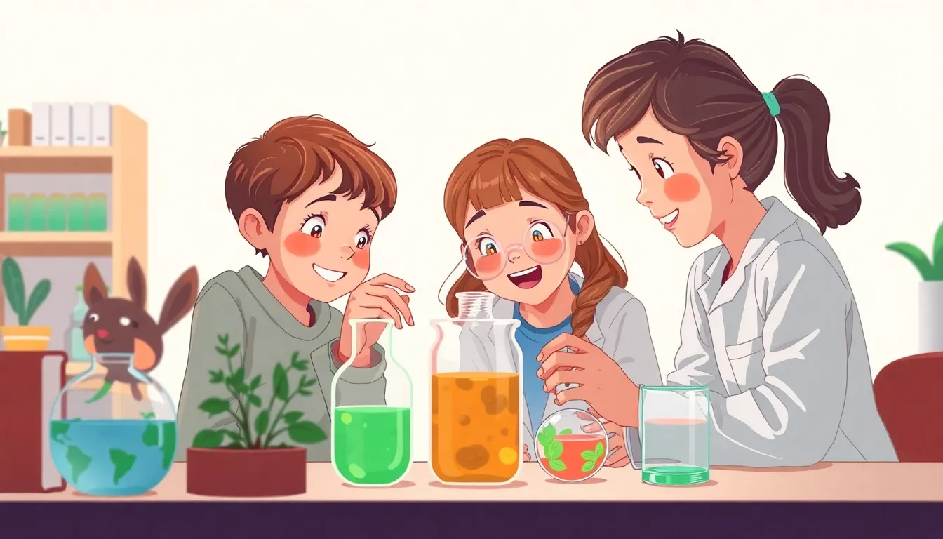 Biology learning scene, Biology experiment underway, curious kids collaborating, stylized tween-friendly illustration for ages 11-13, aspirational and modern, text-free illustration with clean unmarked background, balanced composition, soft cinematic lighting, harmonious color palette, inviting and joyful mood