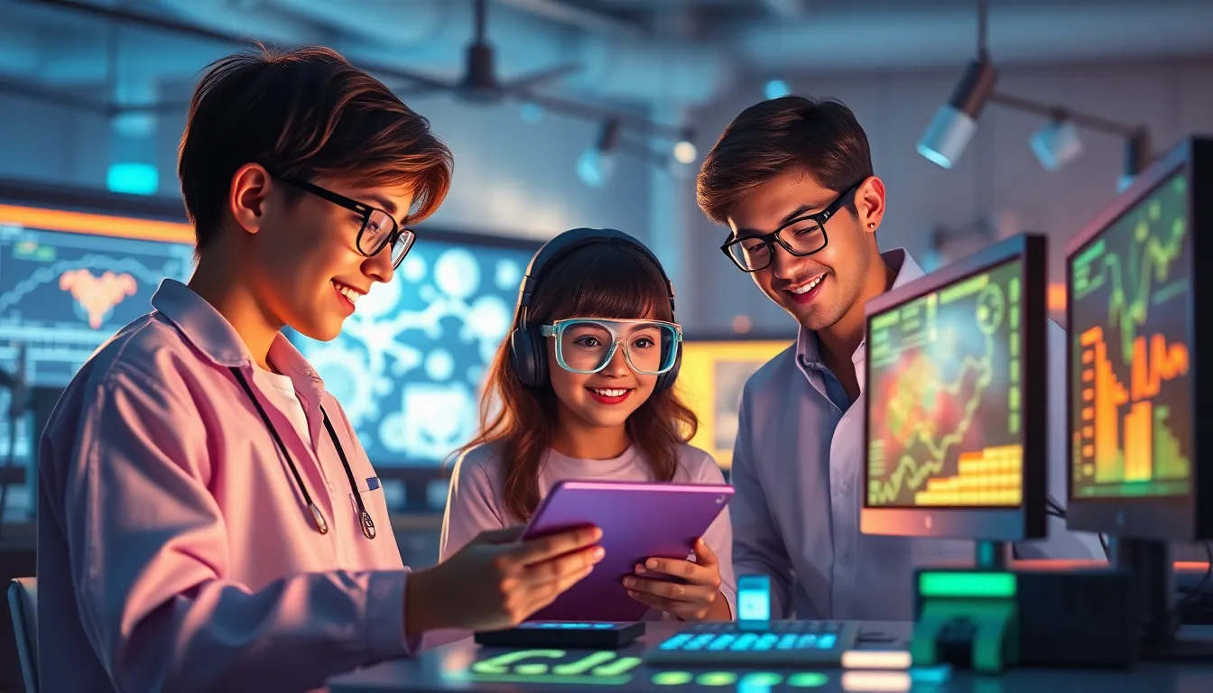 Biotechnology learning scene, Biotechnology tech exploration, bright screens and curiosity, clean infographic-inspired illustration for ages 14-16, contemporary and polished, text-free illustration with clean unmarked background, balanced composition, soft cinematic lighting, harmonious color palette, inviting and joyful mood