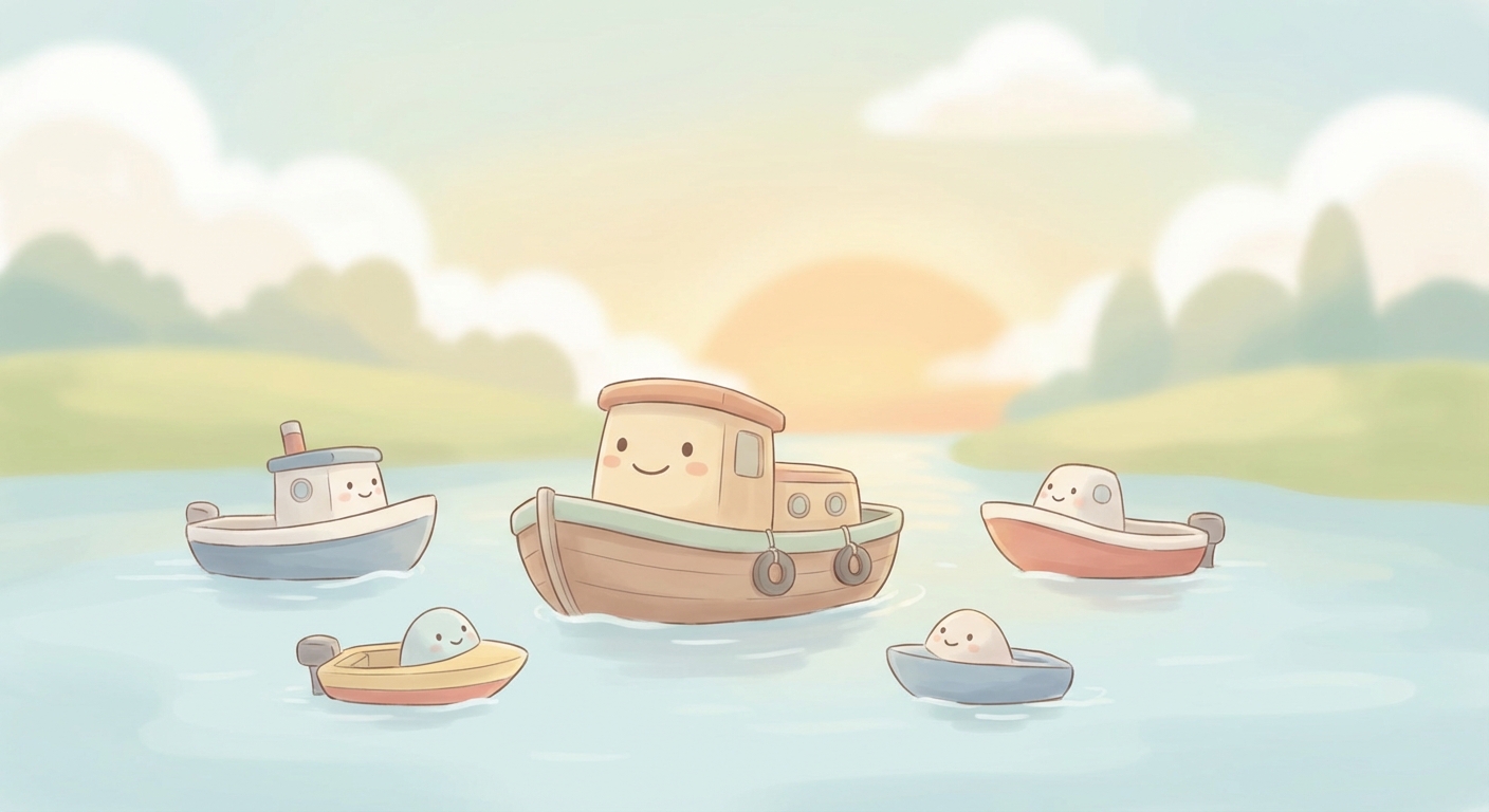 Boats learning scene, Boats journey, cheerful vehicles moving smoothly, gentle pastel illustration designed for ages 3-4, rounded shapes, caring expressions, text-free illustration with clean unmarked background, balanced composition, soft cinematic lighting, harmonious color palette, inviting and joyful mood
