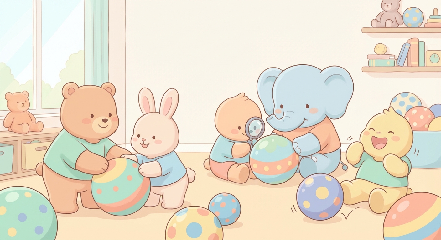 Bouncy Balls Happy Play learning scene, Bouncy Balls Happy Play learning scene filled with curiosity and joy, gentle pastel illustration designed for ages 3-4, rounded shapes, caring expressions, text-free illustration with clean unmarked background, balanced composition, soft cinematic lighting, harmonious color palette, inviting and joyful mood