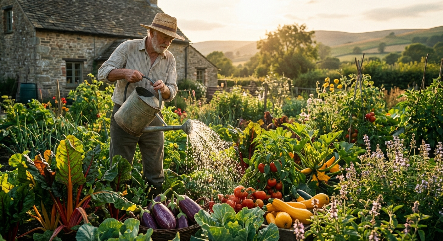 bright vegetables growing in a garden with a farmer watering them