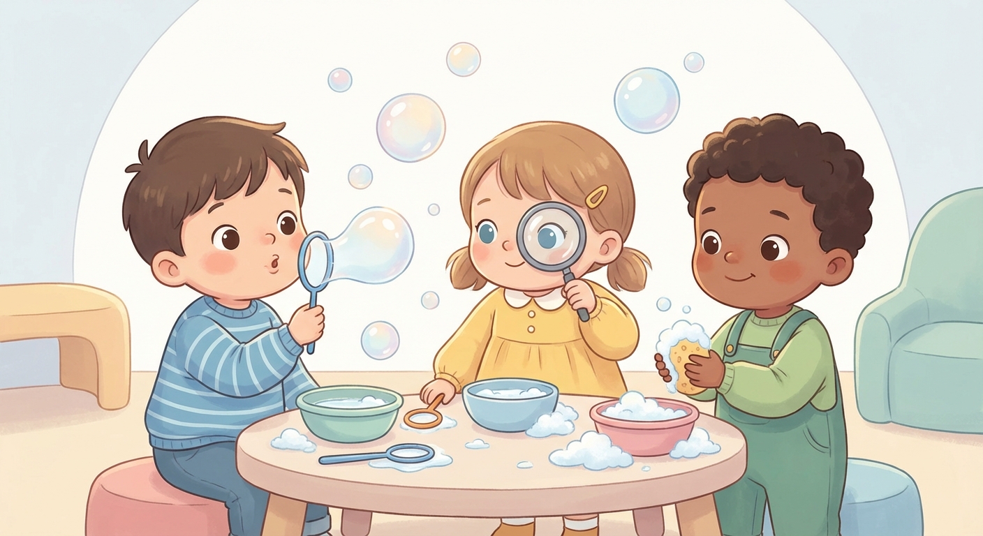 Bubbles Everywhere learning scene, Bubbles Everywhere experiment underway, curious kids collaborating, gentle pastel illustration designed for ages 3-4, rounded shapes, caring expressions, text-free illustration with clean unmarked background, balanced composition, soft cinematic lighting, harmonious color palette, inviting and joyful mood