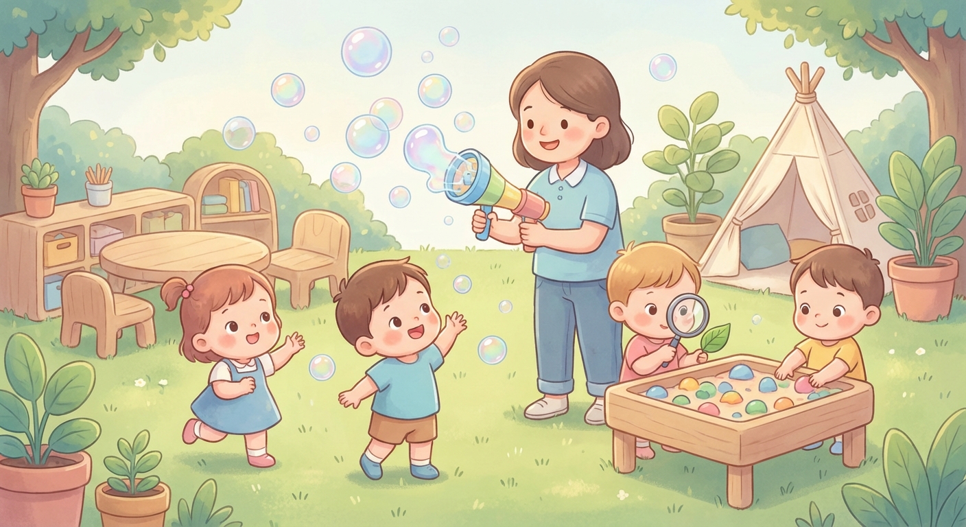 Bubbly Outdoor Fun learning scene, Bubbly Outdoor Fun learning scene filled with curiosity and joy, gentle pastel illustration designed for ages 3-4, rounded shapes, caring expressions, text-free illustration with clean unmarked background, balanced composition, soft cinematic lighting, harmonious color palette, inviting and joyful mood