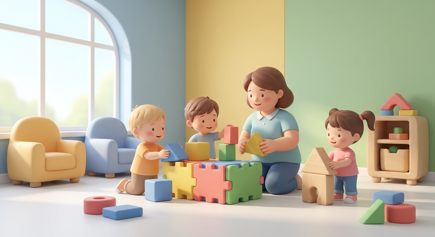 Build it Fun learning scene, Build it Fun learning scene filled with curiosity and joy, gentle pastel illustration designed for ages 3-4, rounded shapes, caring expressions, text-free illustration with clean unmarked background, balanced composition, soft cinematic lighting, harmonious color palette, inviting and joyful mood