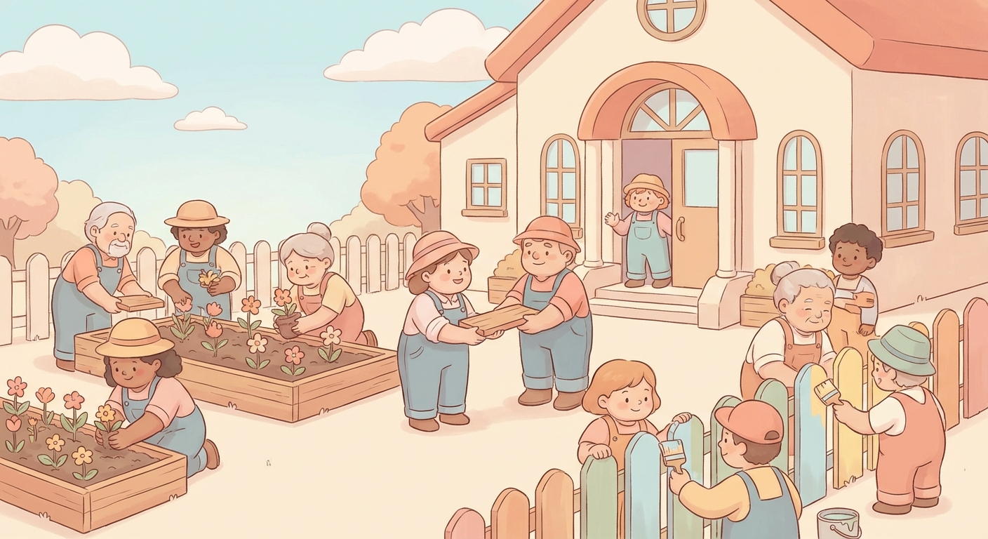 Builders in Our Neighborhood learning scene, Builders in Our Neighborhood community scene, neighbors helping each other, gentle pastel illustration designed for ages 3-4, rounded shapes, caring expressions, text-free illustration with clean unmarked background, balanced composition, soft cinematic lighting, harmonious color palette, inviting and joyful mood