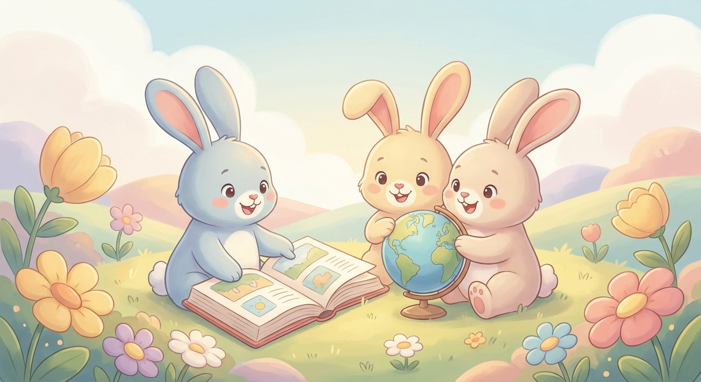 Bunnies learning scene, Bunnies animals discovering together, joyful storybook moment, gentle pastel illustration designed for ages 3-4, rounded shapes, caring expressions, text-free illustration with clean unmarked background, balanced composition, soft cinematic lighting, harmonious color palette, inviting and joyful mood
