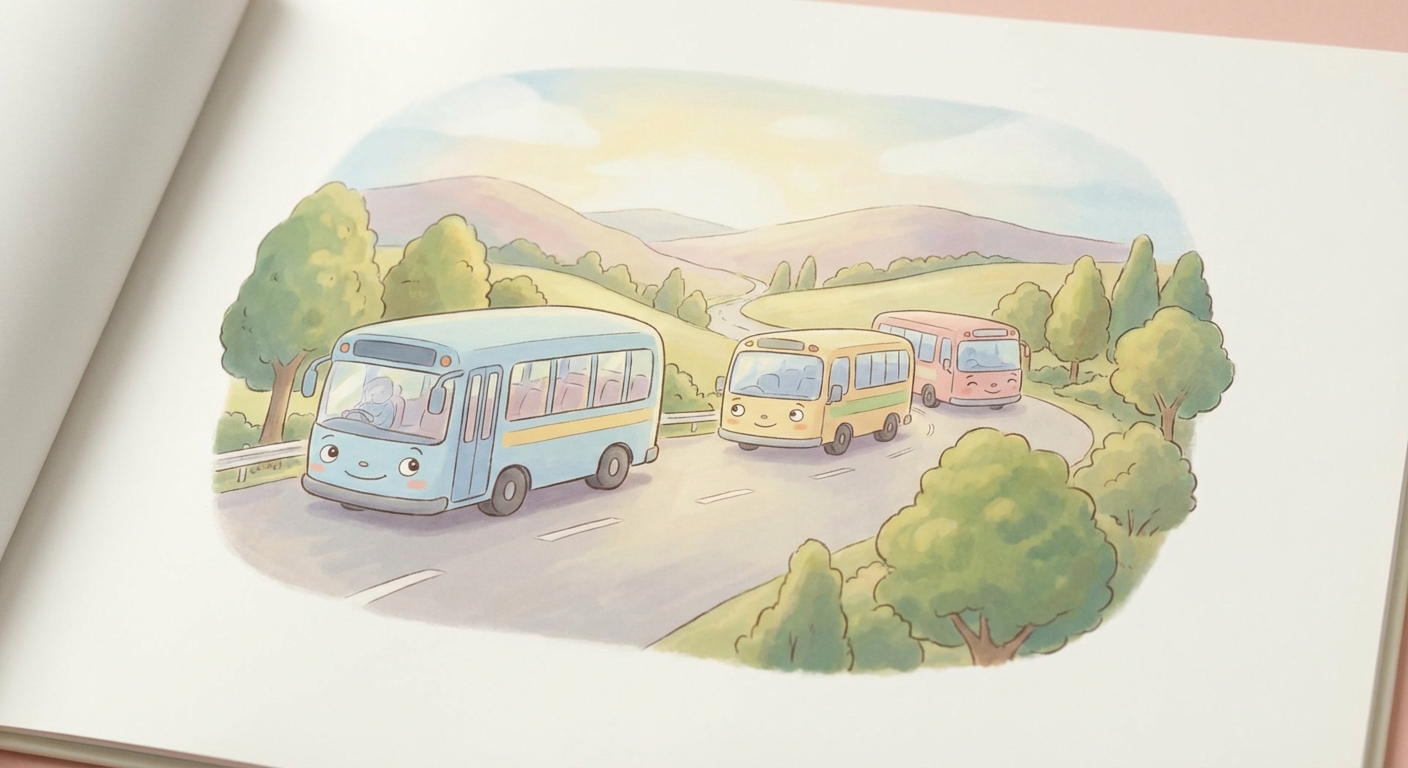 Buses learning scene, Buses journey, cheerful vehicles moving smoothly, gentle pastel illustration designed for ages 3-4, rounded shapes, caring expressions, text-free illustration with clean unmarked background, balanced composition, soft cinematic lighting, harmonious color palette, inviting and joyful mood