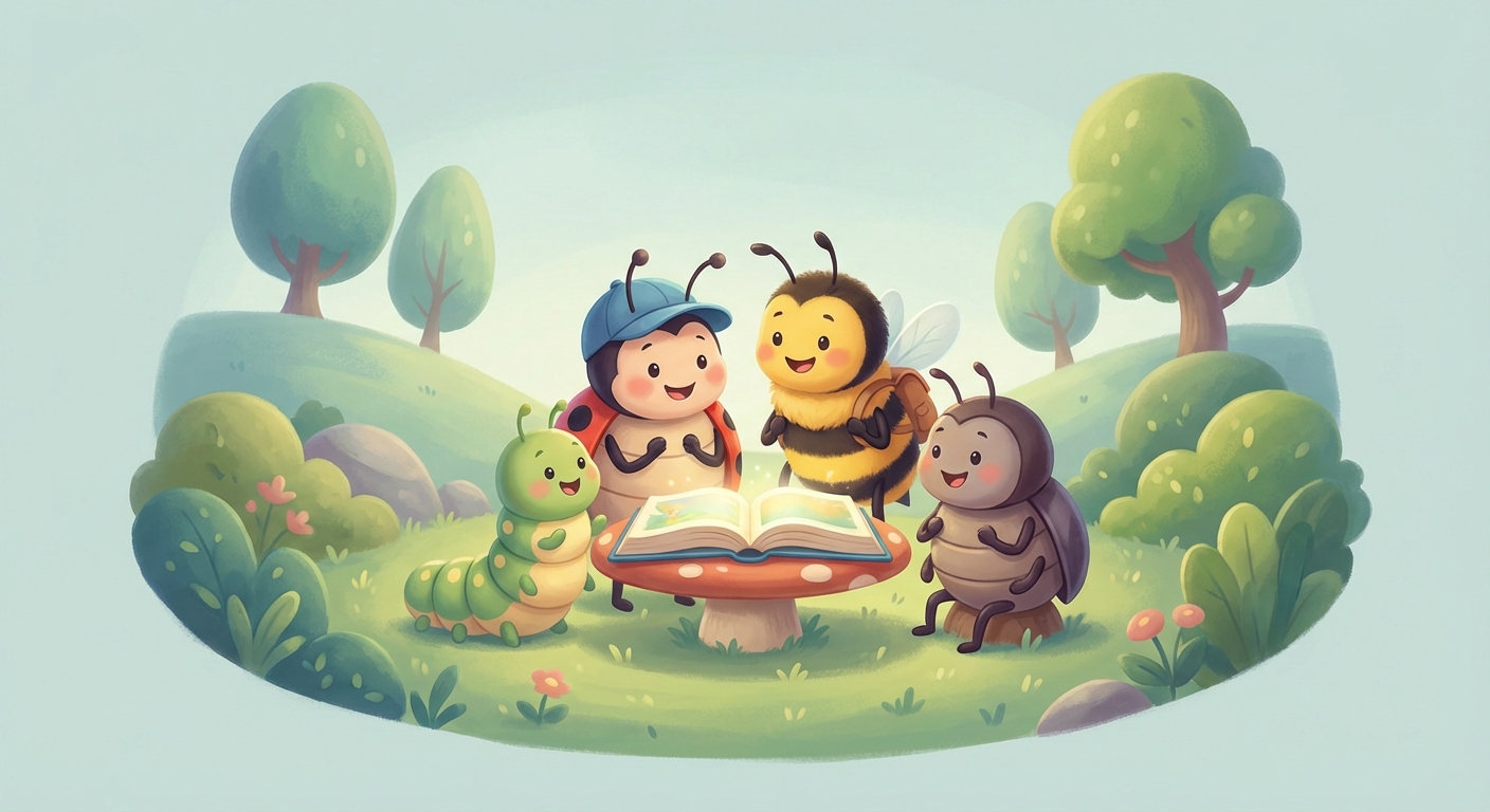 Busy Bugs learning scene, Busy Bugs animals discovering together, joyful storybook moment, gentle pastel illustration designed for ages 3-4, rounded shapes, caring expressions, text-free illustration with clean unmarked background, balanced composition, soft cinematic lighting, harmonious color palette, inviting and joyful mood