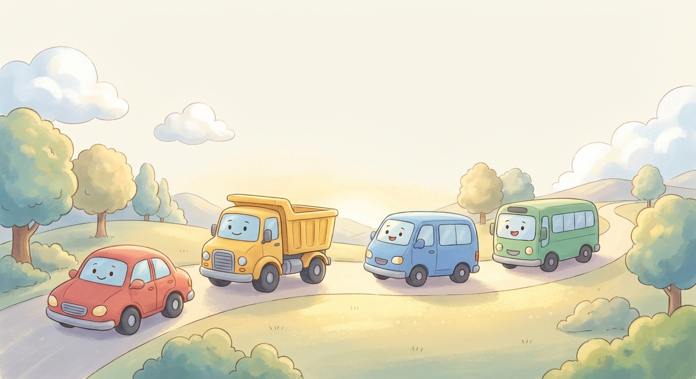 Cars and Trucks learning scene, Cars and Trucks journey, cheerful vehicles moving smoothly, gentle pastel illustration designed for ages 3-4, rounded shapes, caring expressions, text-free illustration with clean unmarked background, balanced composition, soft cinematic lighting, harmonious color palette, inviting and joyful mood