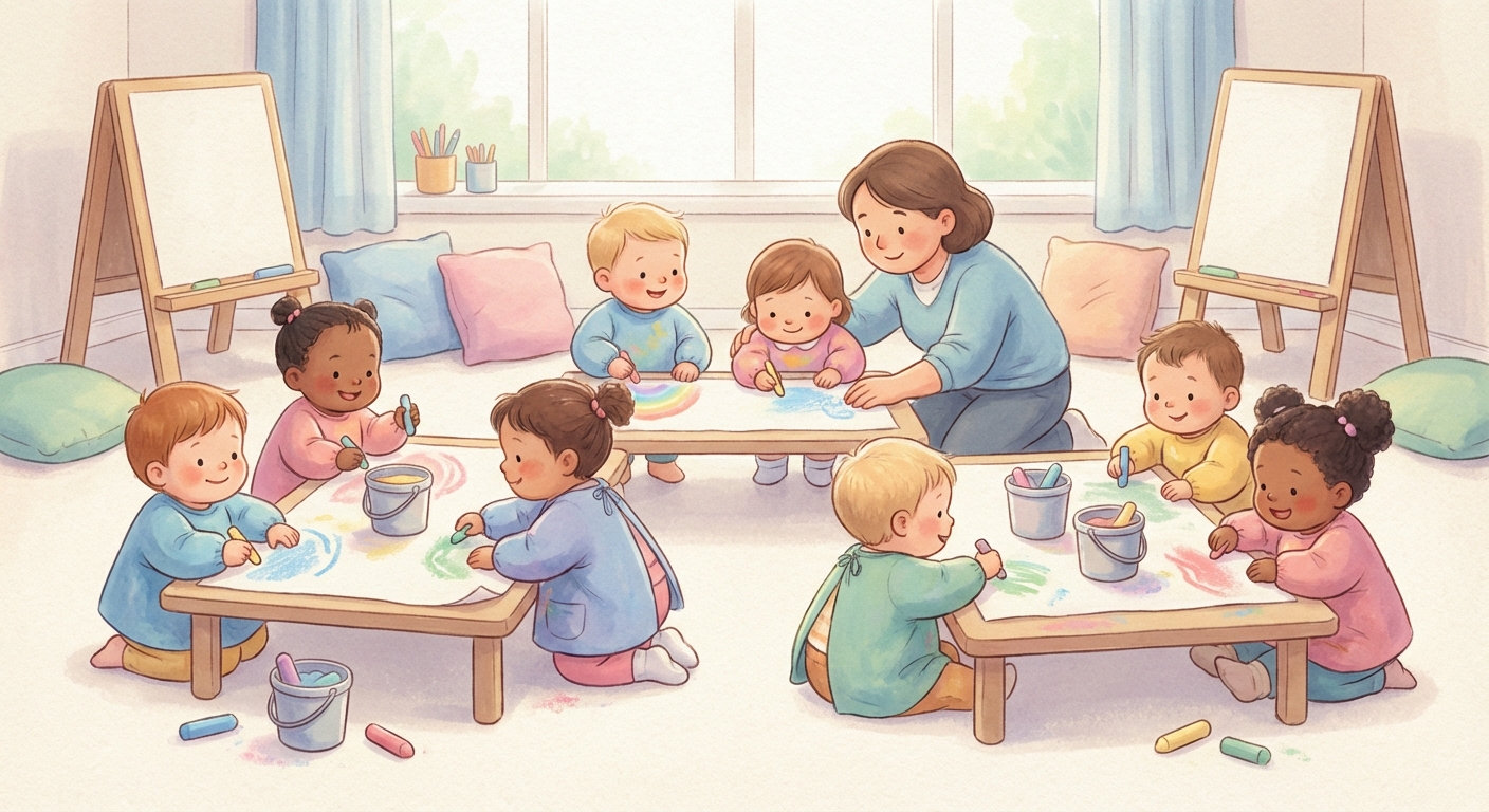 Chalk Drawing learning scene, Chalk Drawing art activity, colorful studio energy and creativity, gentle pastel illustration designed for ages 3-4, rounded shapes, caring expressions, text-free illustration with clean unmarked background, balanced composition, soft cinematic lighting, harmonious color palette, inviting and joyful mood