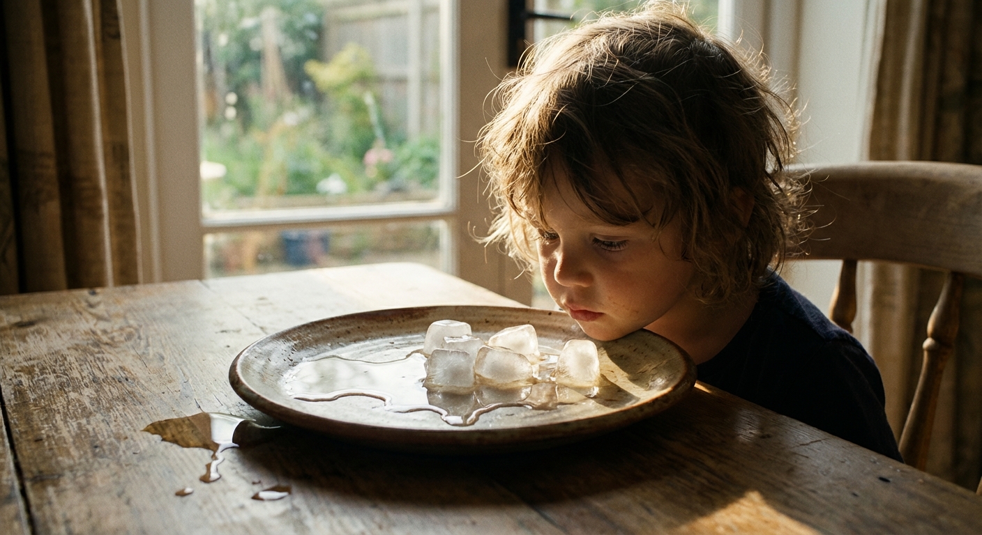 child watching ice cubes melt on a plate