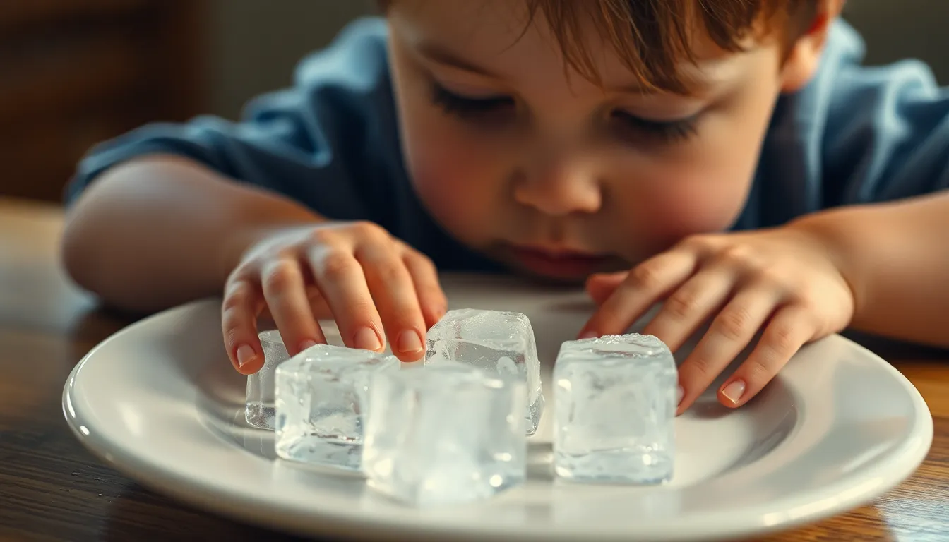 child watching ice cubes melt on a plate