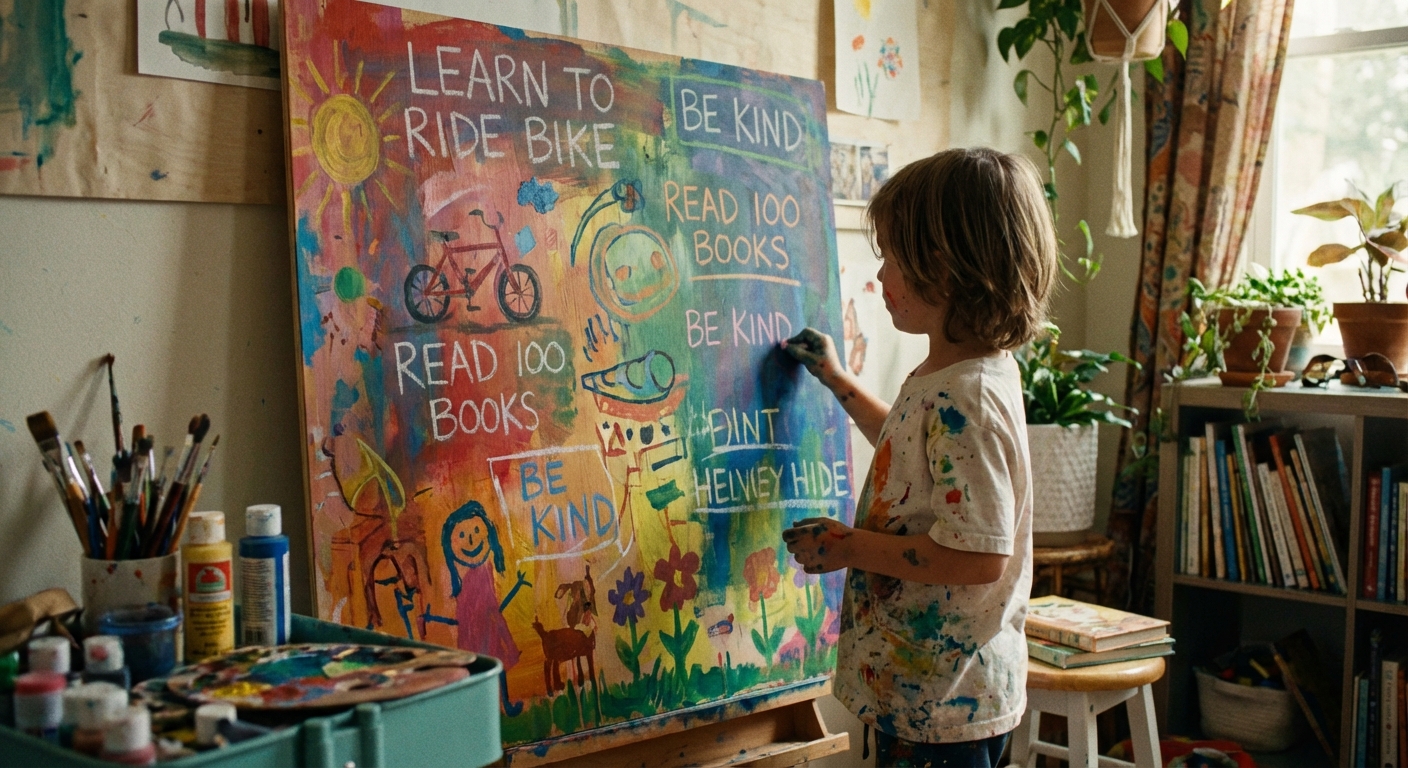 child writing goals on a colorful board