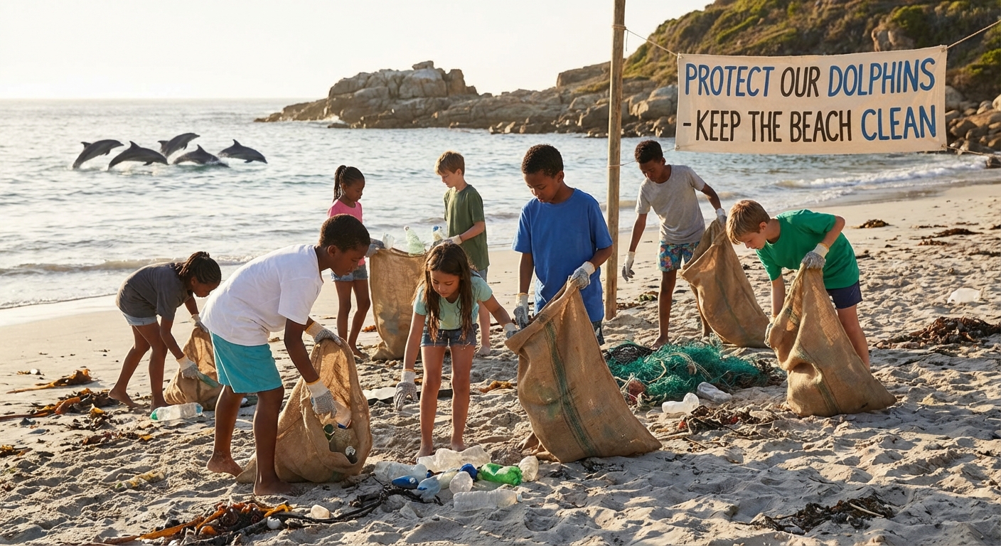 children cleaning a beach to protect dolphins