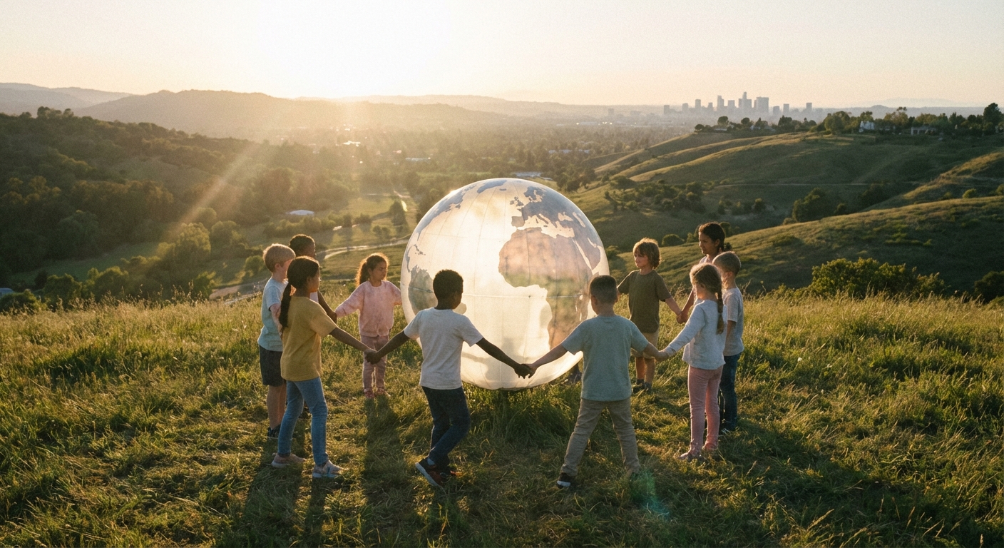 children holding hands around a globe