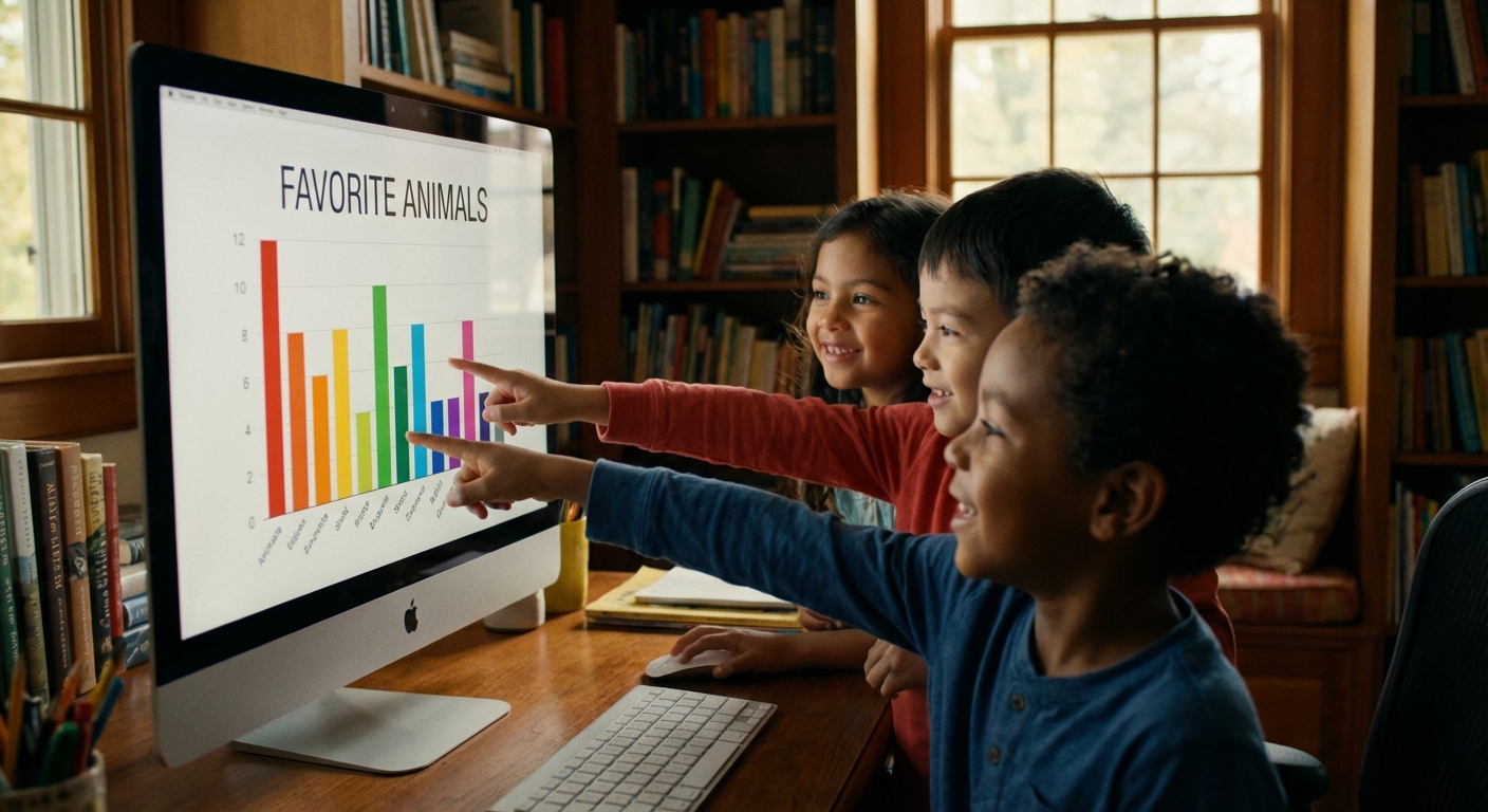children looking at a colorful bar chart on a computer screen