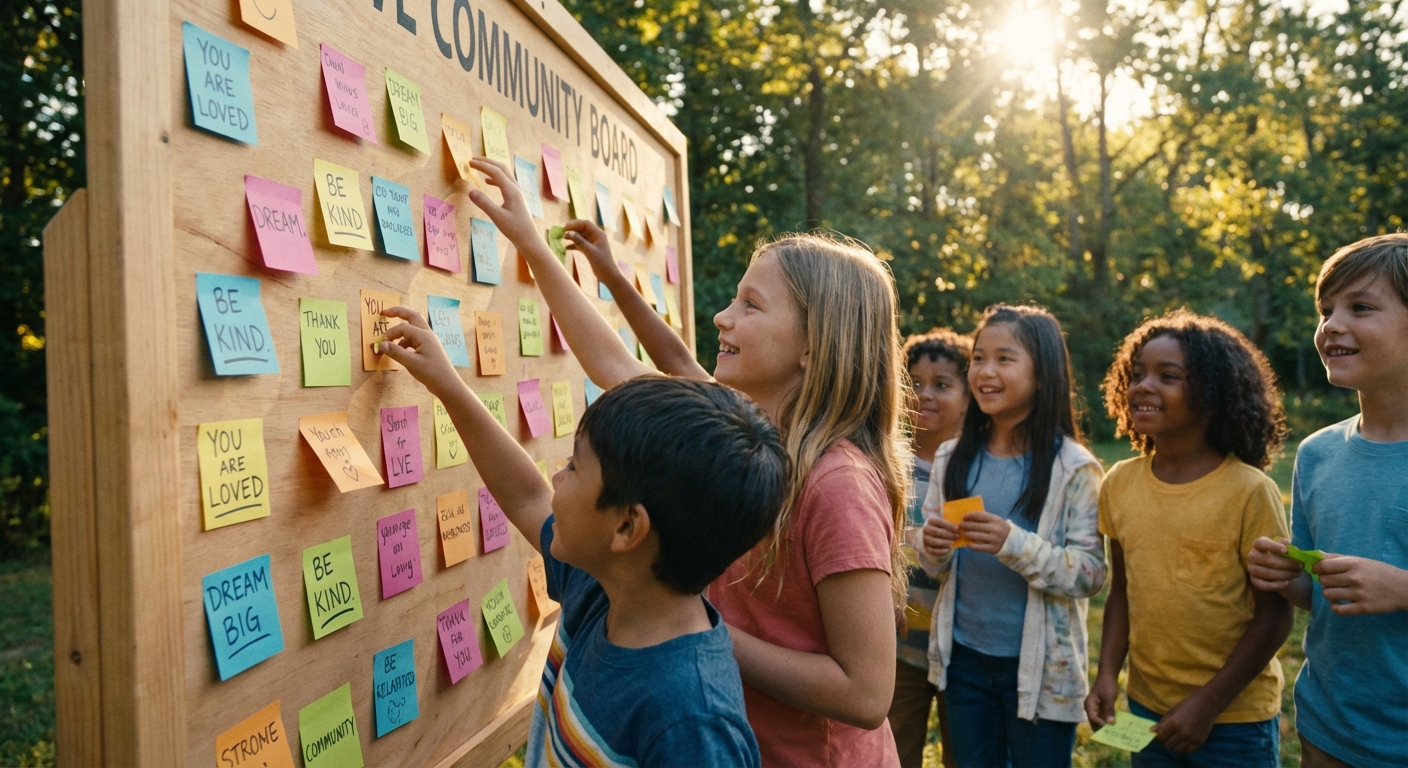 children placing sticky notes with positive messages on a board