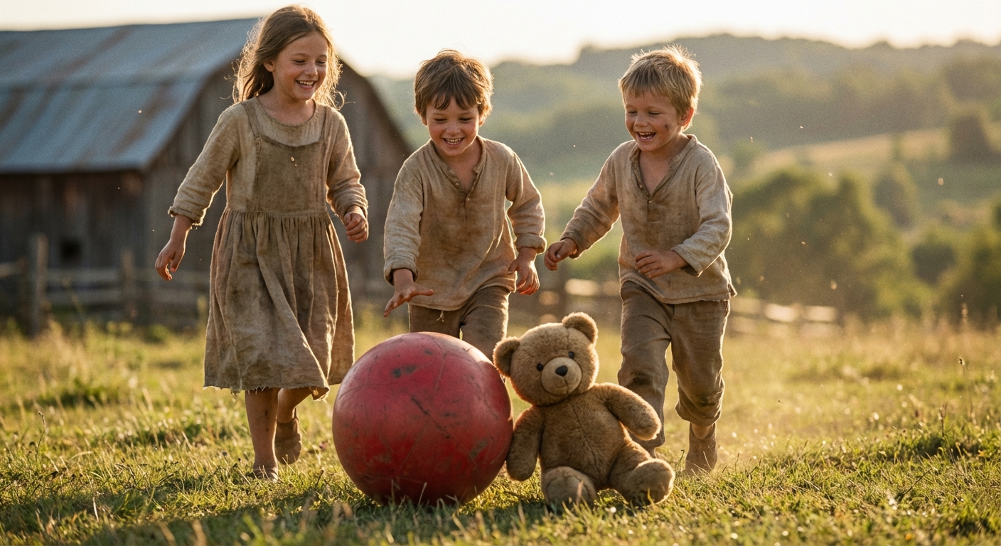 children playing with a red ball and a soft bear