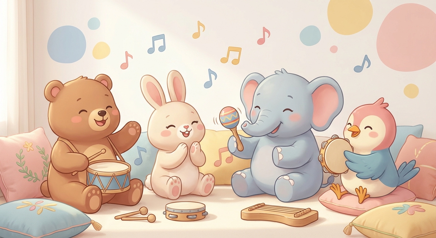 Clap clap Rhythm Fun learning scene, Clap clap Rhythm Fun music jam session, cheerful instruments and rhythm, gentle pastel illustration designed for ages 3-4, rounded shapes, caring expressions, text-free illustration with clean unmarked background, balanced composition, soft cinematic lighting, harmonious color palette, inviting and joyful mood