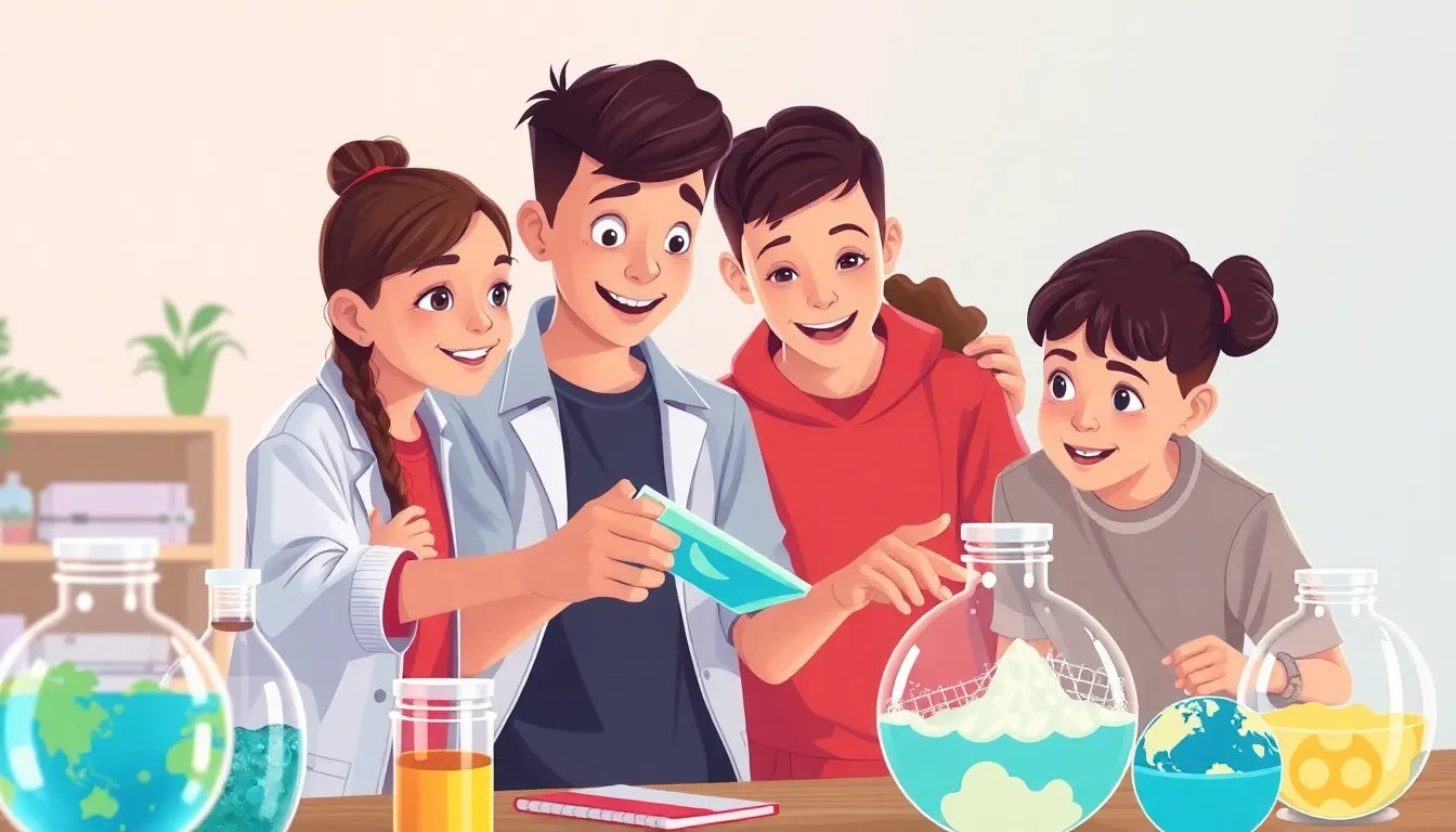 Climate Science learning scene, Climate Science experiment underway, curious kids collaborating, clean infographic-inspired illustration for ages 14-16, contemporary and polished, text-free illustration with clean unmarked background, balanced composition, soft cinematic lighting, harmonious color palette, inviting and joyful mood