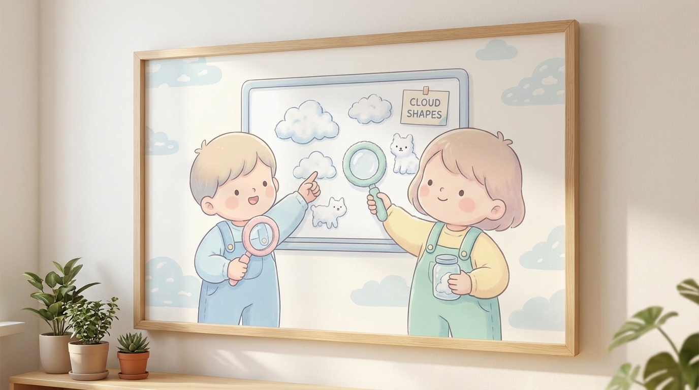 Cloud Shapes learning scene, Cloud Shapes experiment underway, curious kids collaborating, gentle pastel illustration designed for ages 3-4, rounded shapes, caring expressions, text-free illustration with clean unmarked background, balanced composition, soft cinematic lighting, harmonious color palette, inviting and joyful mood