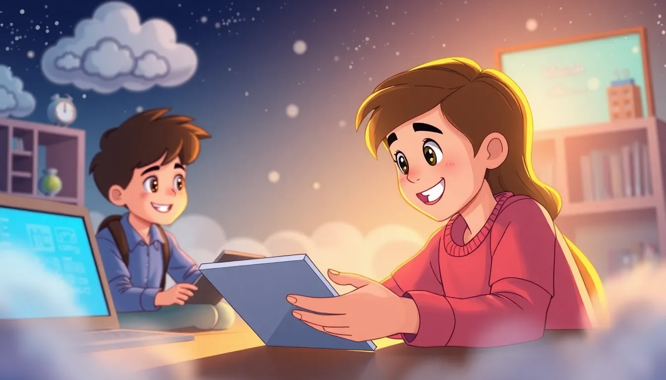 Cloud Storage Keeping Your Digital Treasures Safe learning scene, Cloud Storage Keeping Your Digital Treasures Safe tech exploration, bright screens and curiosity, dynamic adventure illustration for ages 8-10, engaging detail, upbeat energy, text-free illustration with clean unmarked background, balanced composition, soft cinematic lighting, harmonious color palette, inviting and joyful mood