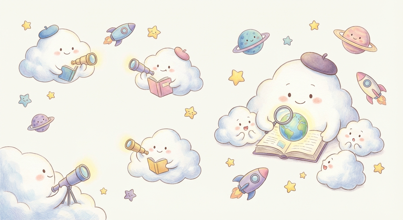 Clouds learning scene, Clouds space adventure, stars and planets inspiring wonder, gentle pastel illustration designed for ages 3-4, rounded shapes, caring expressions, text-free illustration with clean unmarked background, balanced composition, soft cinematic lighting, harmonious color palette, inviting and joyful mood