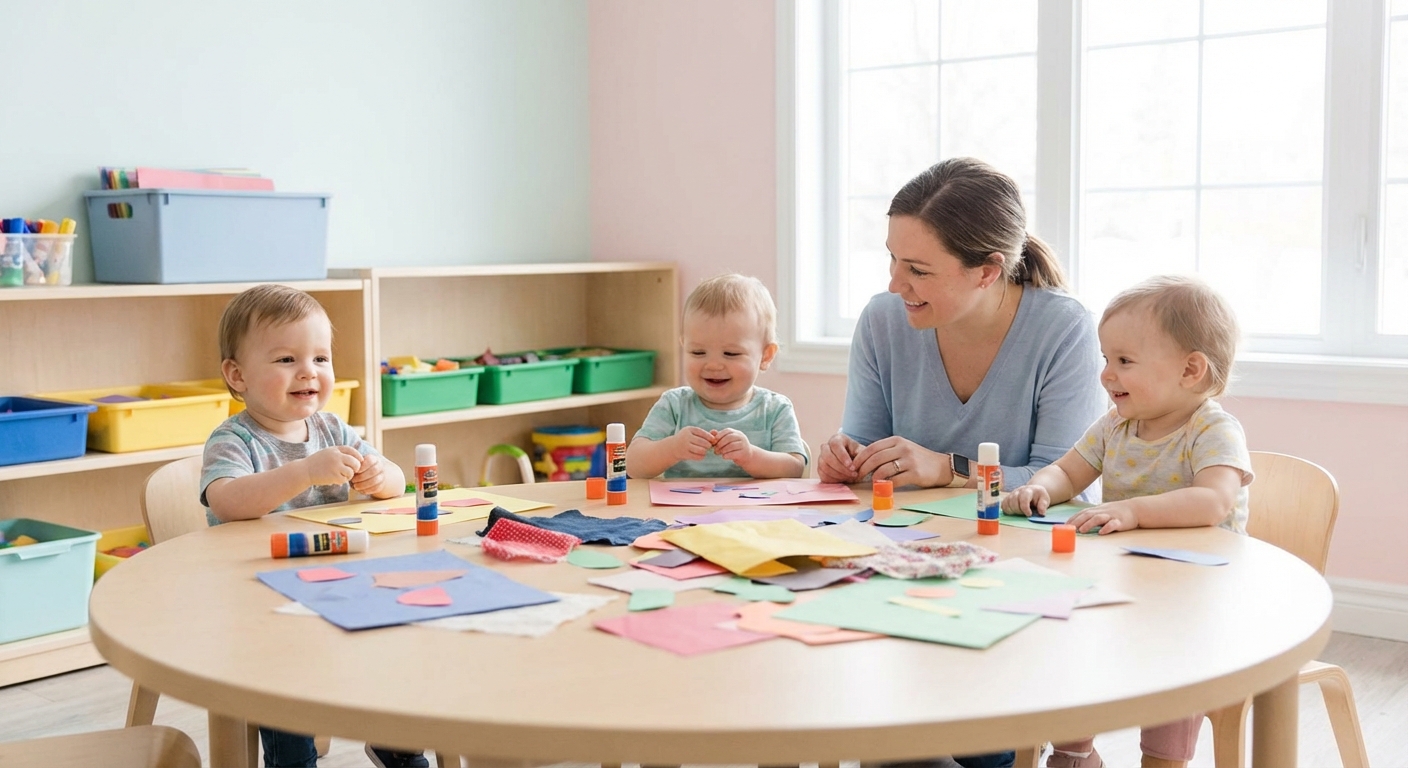 Collage learning scene, Collage art activity, colorful studio energy and creativity, gentle pastel illustration designed for ages 3-4, rounded shapes, caring expressions, text-free illustration with clean unmarked background, balanced composition, soft cinematic lighting, harmonious color palette, inviting and joyful mood