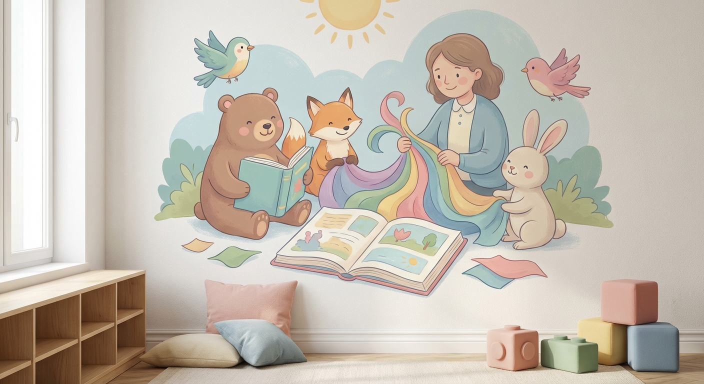 Color Stories for Little Explorers learning scene, Color Stories for Little Explorers learning scene filled with curiosity and joy, gentle pastel illustration designed for ages 3-4, rounded shapes, caring expressions, text-free illustration with clean unmarked background, balanced composition, soft cinematic lighting, harmonious color palette, inviting and joyful mood