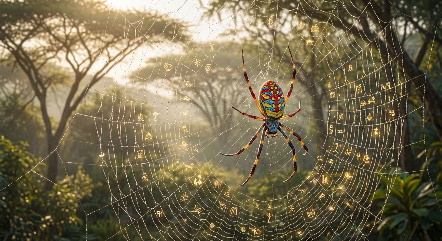 colorful African spider weaving a story web