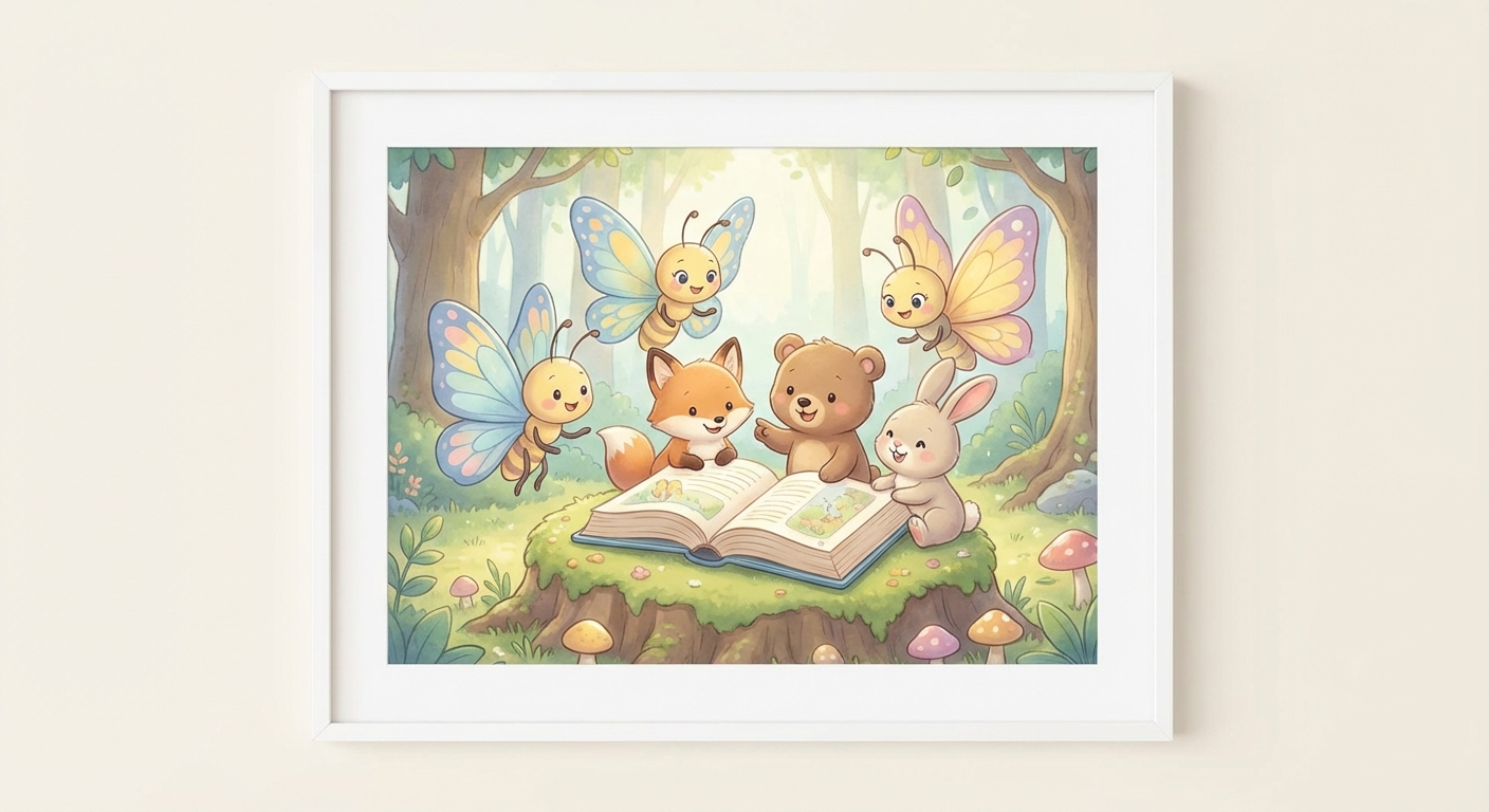 Colorful Butterflies learning scene, Colorful Butterflies animals discovering together, joyful storybook moment, gentle pastel illustration designed for ages 3-4, rounded shapes, caring expressions, text-free illustration with clean unmarked background, balanced composition, soft cinematic lighting, harmonious color palette, inviting and joyful mood