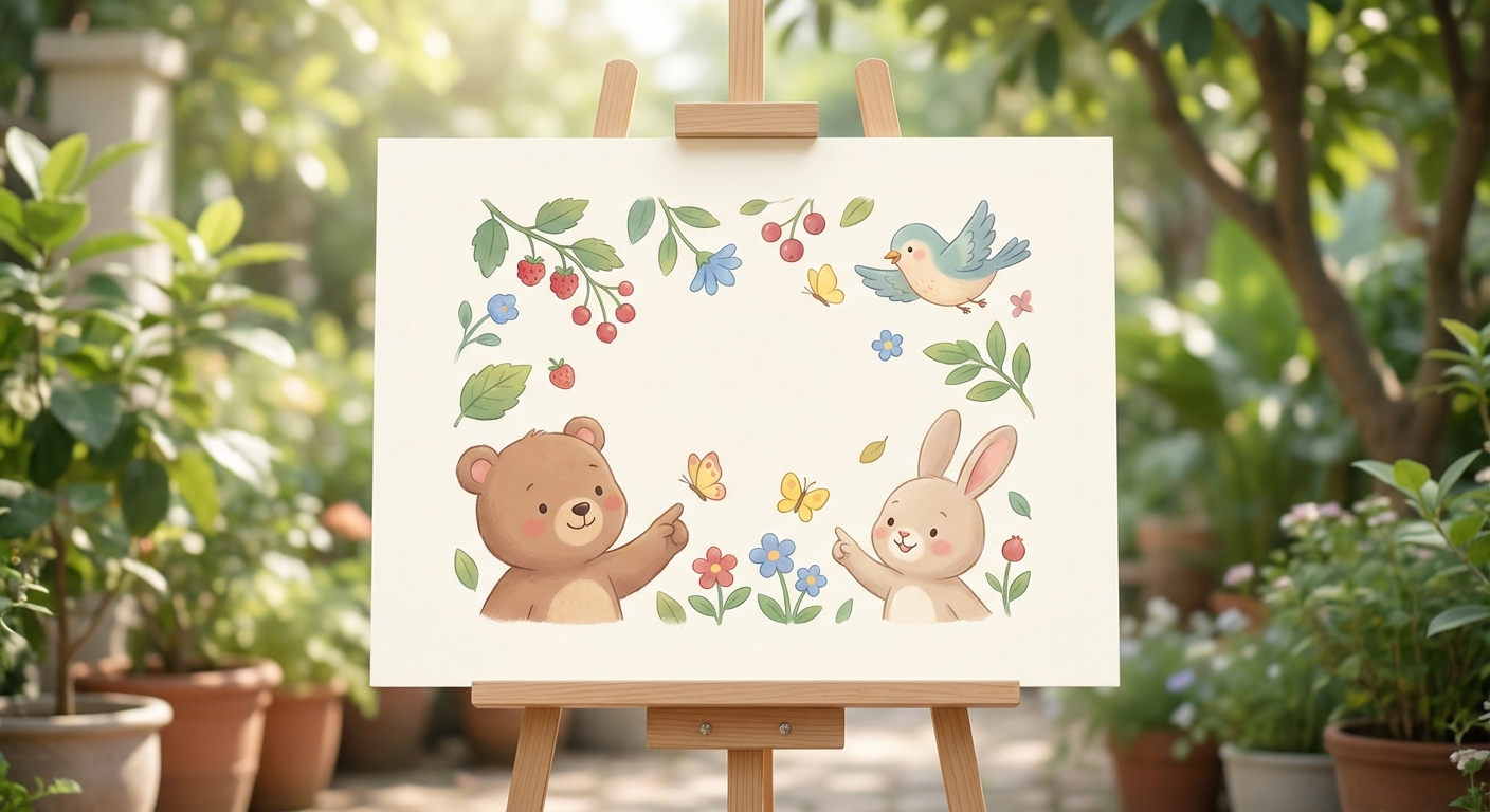 Colors in Nature learning scene, Colors in Nature scene in vibrant nature, lush and lively surroundings, gentle pastel illustration designed for ages 3-4, rounded shapes, caring expressions, text-free illustration with clean unmarked background, balanced composition, soft cinematic lighting, harmonious color palette, inviting and joyful mood