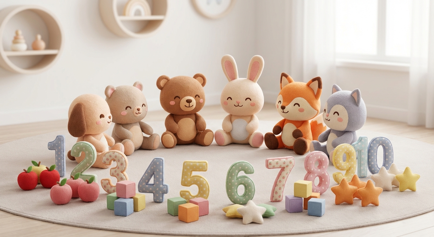 Counting 1 to 10 learning scene, Counting 1 to 10 learning scene filled with curiosity and joy, gentle pastel illustration designed for ages 3-4, rounded shapes, caring expressions, text-free illustration with clean unmarked background, balanced composition, soft cinematic lighting, harmonious color palette, inviting and joyful mood