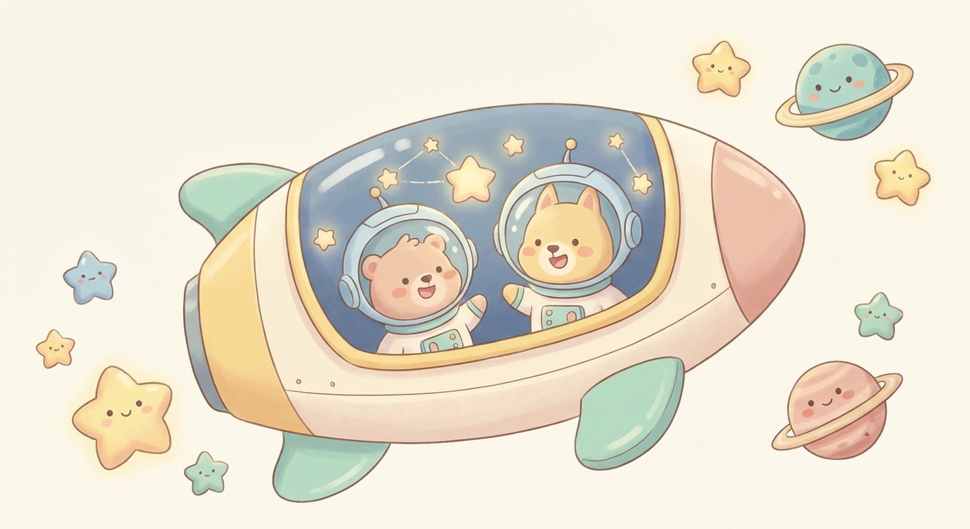 Counting Stars learning scene, Counting Stars space adventure, stars and planets inspiring wonder, gentle pastel illustration designed for ages 3-4, rounded shapes, caring expressions, text-free illustration with clean unmarked background, balanced composition, soft cinematic lighting, harmonious color palette, inviting and joyful mood