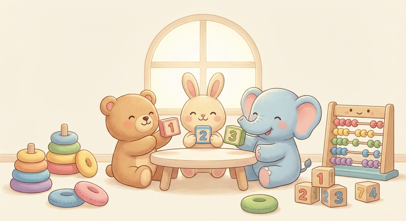 Counting Toys Fun with Numbers learning scene, Counting Toys Fun with Numbers learning scene filled with curiosity and joy, gentle pastel illustration designed for ages 3-4, rounded shapes, caring expressions, text-free illustration with clean unmarked background, balanced composition, soft cinematic lighting, harmonious color palette, inviting and joyful mood