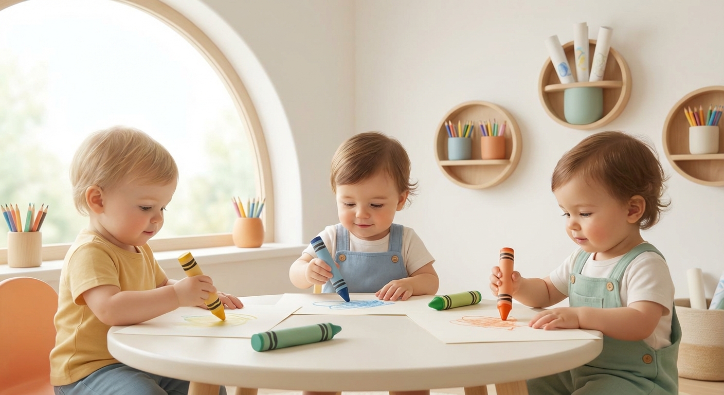 Crayons learning scene, Crayons art activity, colorful studio energy and creativity, gentle pastel illustration designed for ages 3-4, rounded shapes, caring expressions, text-free illustration with clean unmarked background, balanced composition, soft cinematic lighting, harmonious color palette, inviting and joyful mood