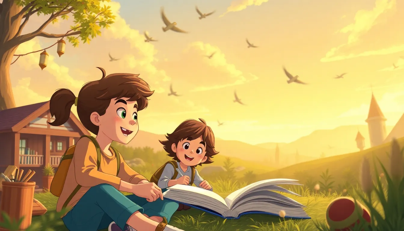 Creative Writing Habits How to Make Your Stories Shine learning scene, Creative Writing Habits How to Make Your Stories Shine learning scene filled with curiosity and joy, dynamic adventure illustration for ages 8-10, engaging detail, upbeat energy, text-free illustration with clean unmarked background, balanced composition, soft cinematic lighting, harmonious color palette, inviting and joyful mood