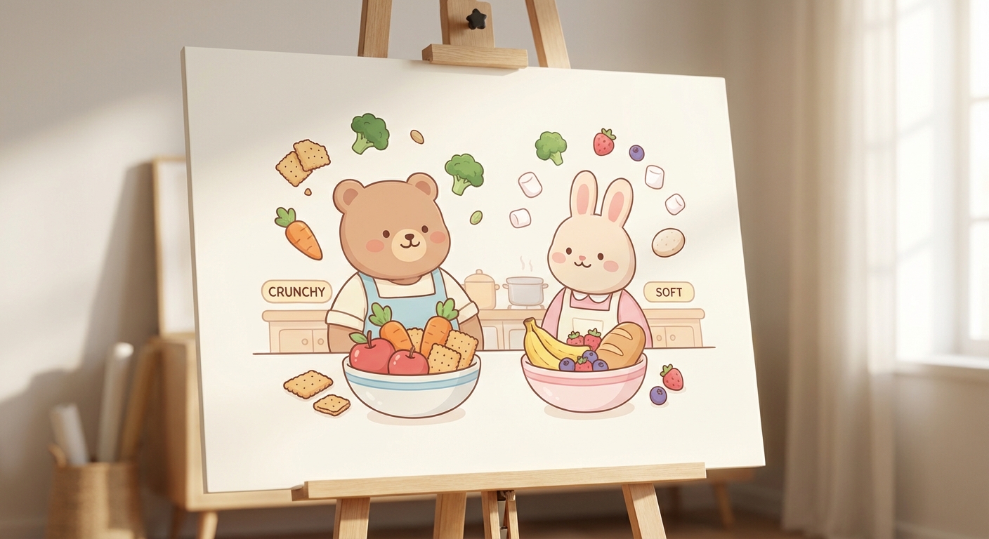 Crunchy and Soft Foods learning scene, Crunchy and Soft Foods kitchen scene, delicious ingredients being prepared, gentle pastel illustration designed for ages 3-4, rounded shapes, caring expressions, text-free illustration with clean unmarked background, balanced composition, soft cinematic lighting, harmonious color palette, inviting and joyful mood