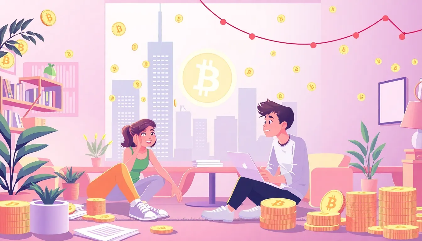 Cryptocurrency learning scene, Cryptocurrency learning scene filled with curiosity and joy, clean infographic-inspired illustration for ages 14-16, contemporary and polished, text-free illustration with clean unmarked background, balanced composition, soft cinematic lighting, harmonious color palette, inviting and joyful mood