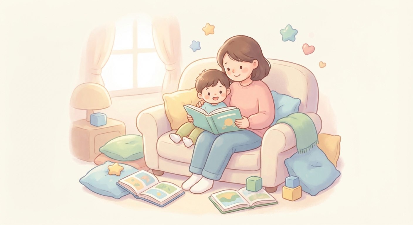 Cuddle Time at Home learning scene, Cuddle Time at Home learning scene filled with curiosity and joy, gentle pastel illustration designed for ages 3-4, rounded shapes, caring expressions, text-free illustration with clean unmarked background, balanced composition, soft cinematic lighting, harmonious color palette, inviting and joyful mood