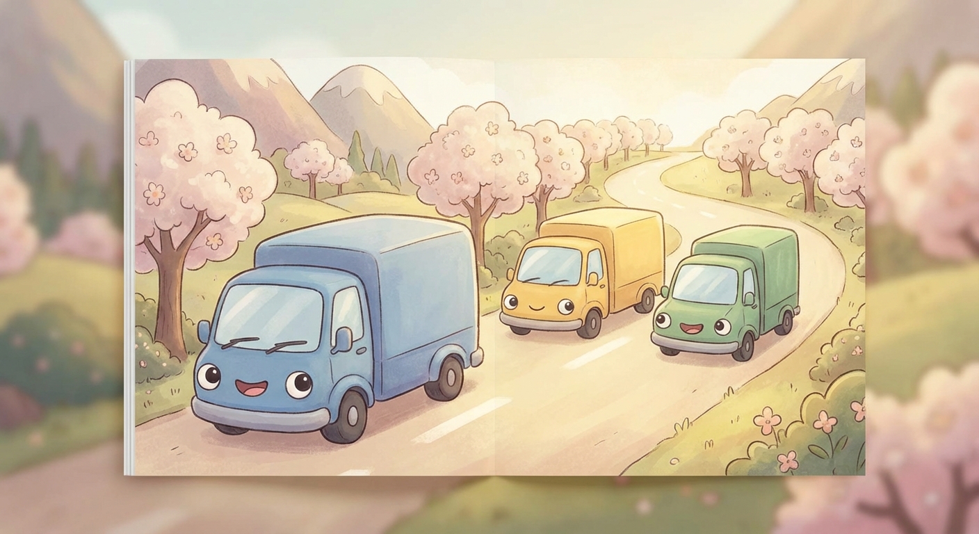 Delivery Trucks learning scene, Delivery Trucks journey, cheerful vehicles moving smoothly, gentle pastel illustration designed for ages 3-4, rounded shapes, caring expressions, text-free illustration with clean unmarked background, balanced composition, soft cinematic lighting, harmonious color palette, inviting and joyful mood