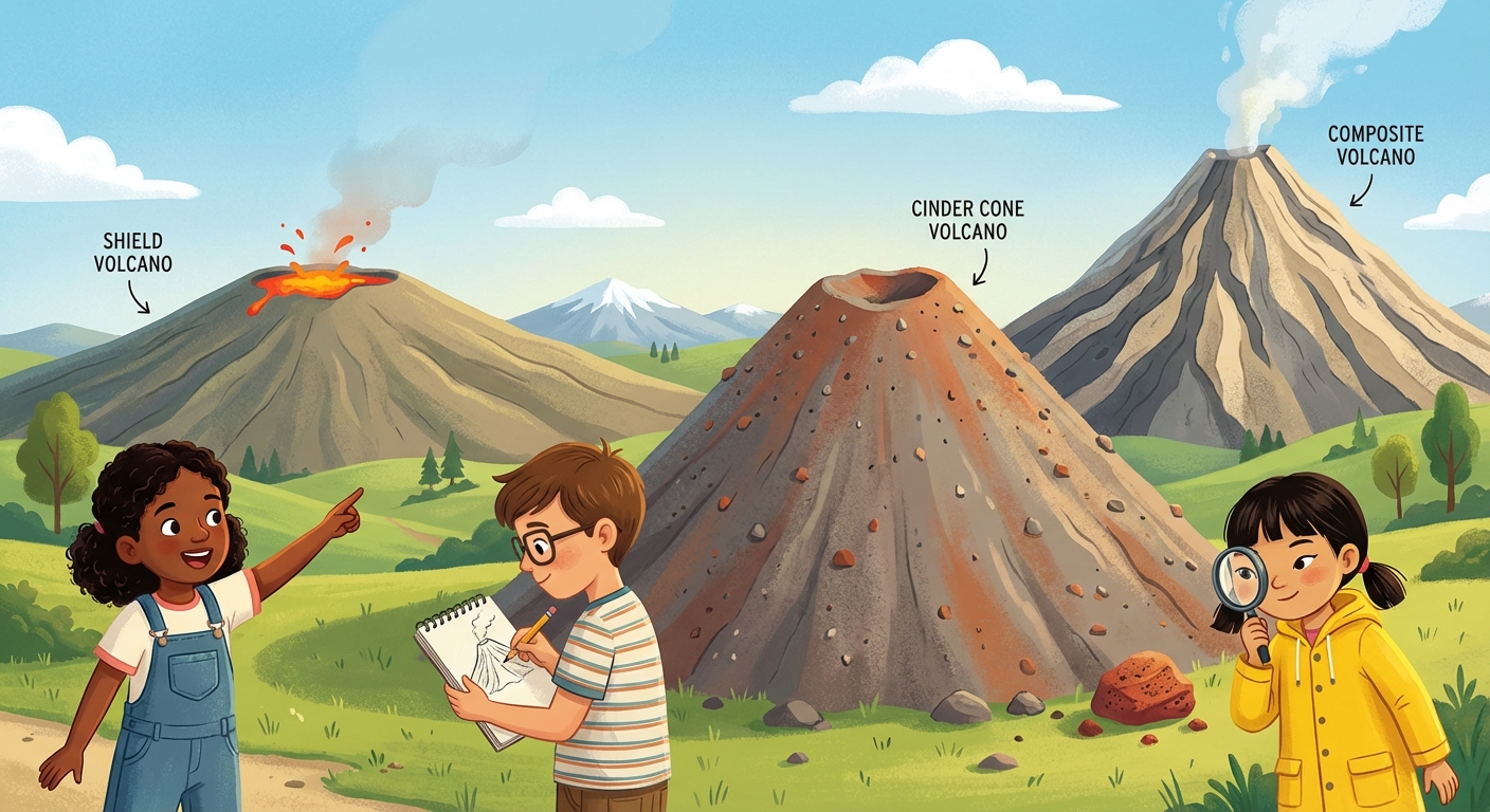 different types of volcanoes side-by-side shield, cinder cone, and composite
