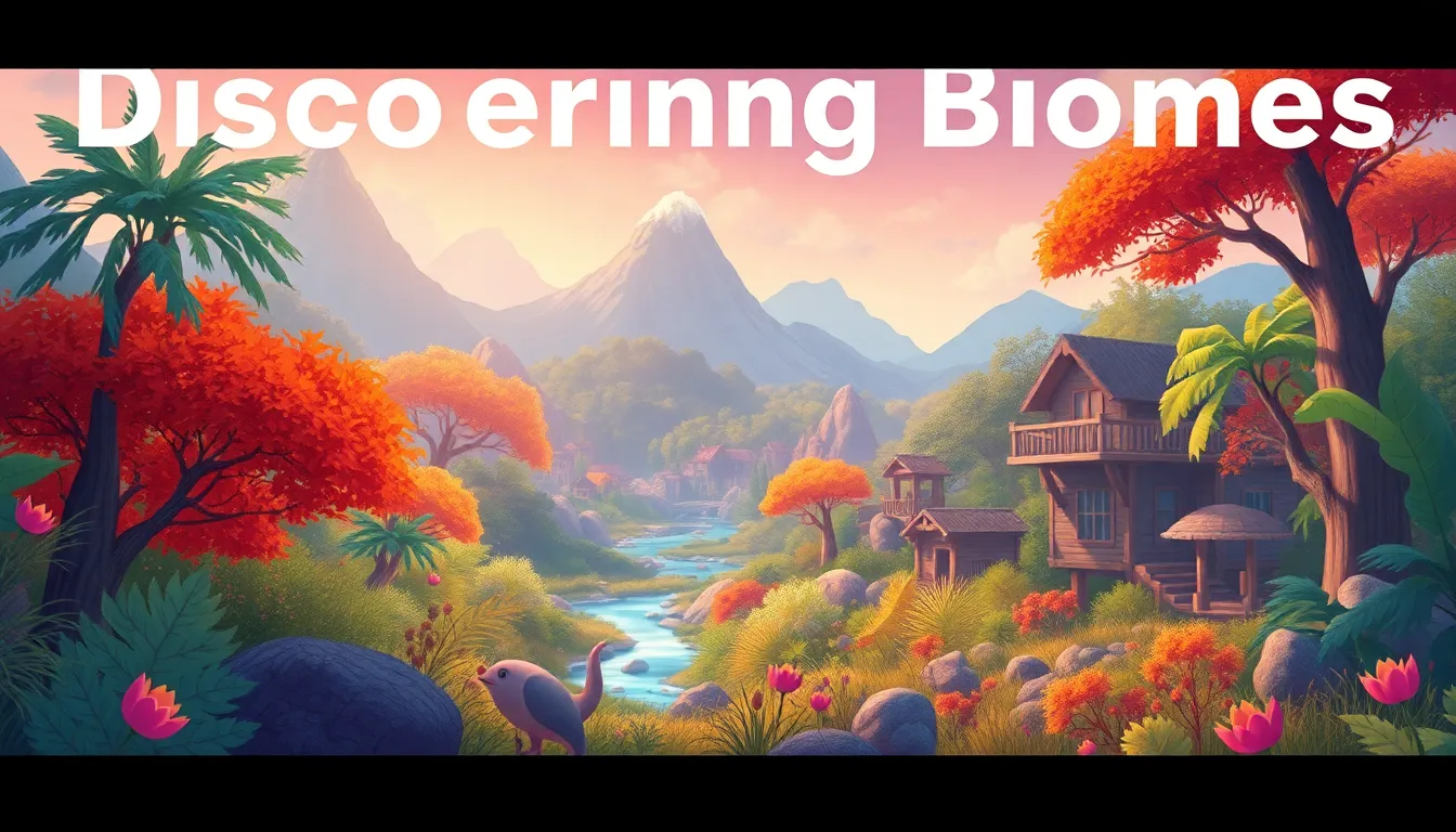 Discovering Biomes Nature s Big Neighborhoods learning scene, Discovering Biomes Nature s Big Neighborhoods scene in vibrant nature, lush and lively surroundings, dynamic adventure illustration for ages 8-10, engaging detail, upbeat energy, text-free illustration with clean unmarked background, balanced composition, soft cinematic lighting, harmonious color palette, inviting and joyful mood