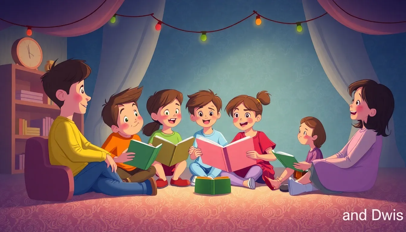 Discovering the Setting in a Story learning scene, Discovering the Setting in a Story reading circle, cozy storytelling with friends, vivid storybook illustration for ages 5-7, lively characters, playful motion, text-free illustration with clean unmarked background, balanced composition, soft cinematic lighting, harmonious color palette, inviting and joyful mood