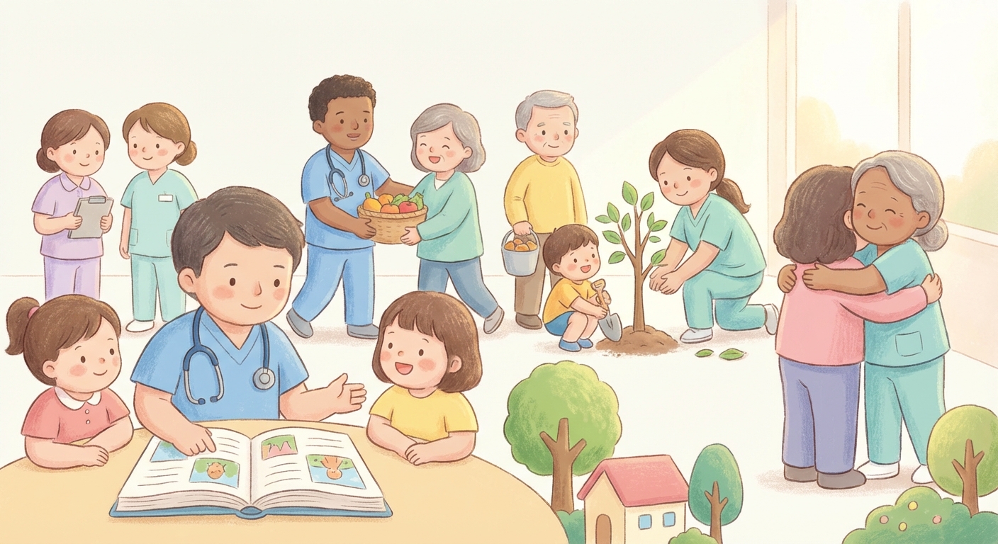 Doctors and Nurses learning scene, Doctors and Nurses community scene, neighbors helping each other, gentle pastel illustration designed for ages 3-4, rounded shapes, caring expressions, text-free illustration with clean unmarked background, balanced composition, soft cinematic lighting, harmonious color palette, inviting and joyful mood