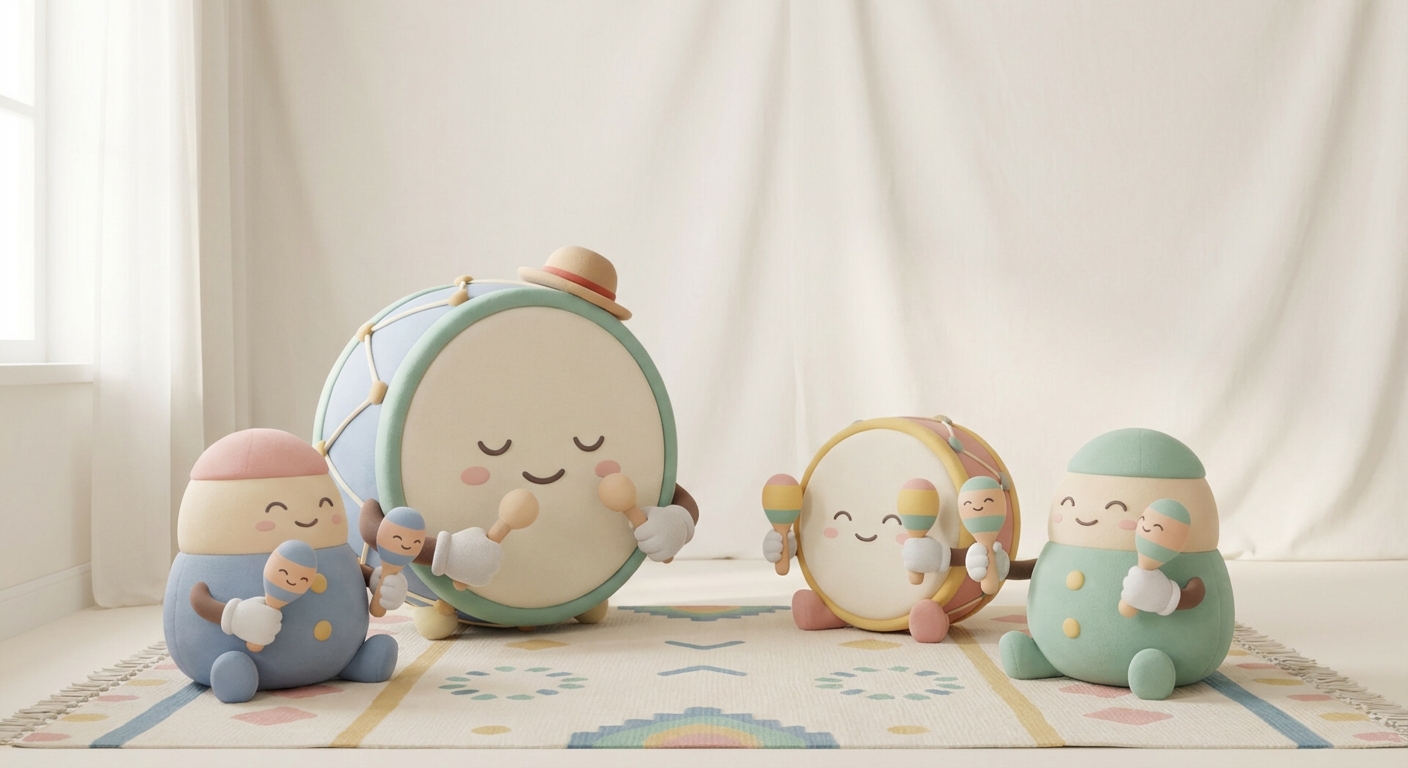 Drum and Shaker Fun learning scene, Drum and Shaker Fun music jam session, cheerful instruments and rhythm, gentle pastel illustration designed for ages 3-4, rounded shapes, caring expressions, text-free illustration with clean unmarked background, balanced composition, soft cinematic lighting, harmonious color palette, inviting and joyful mood