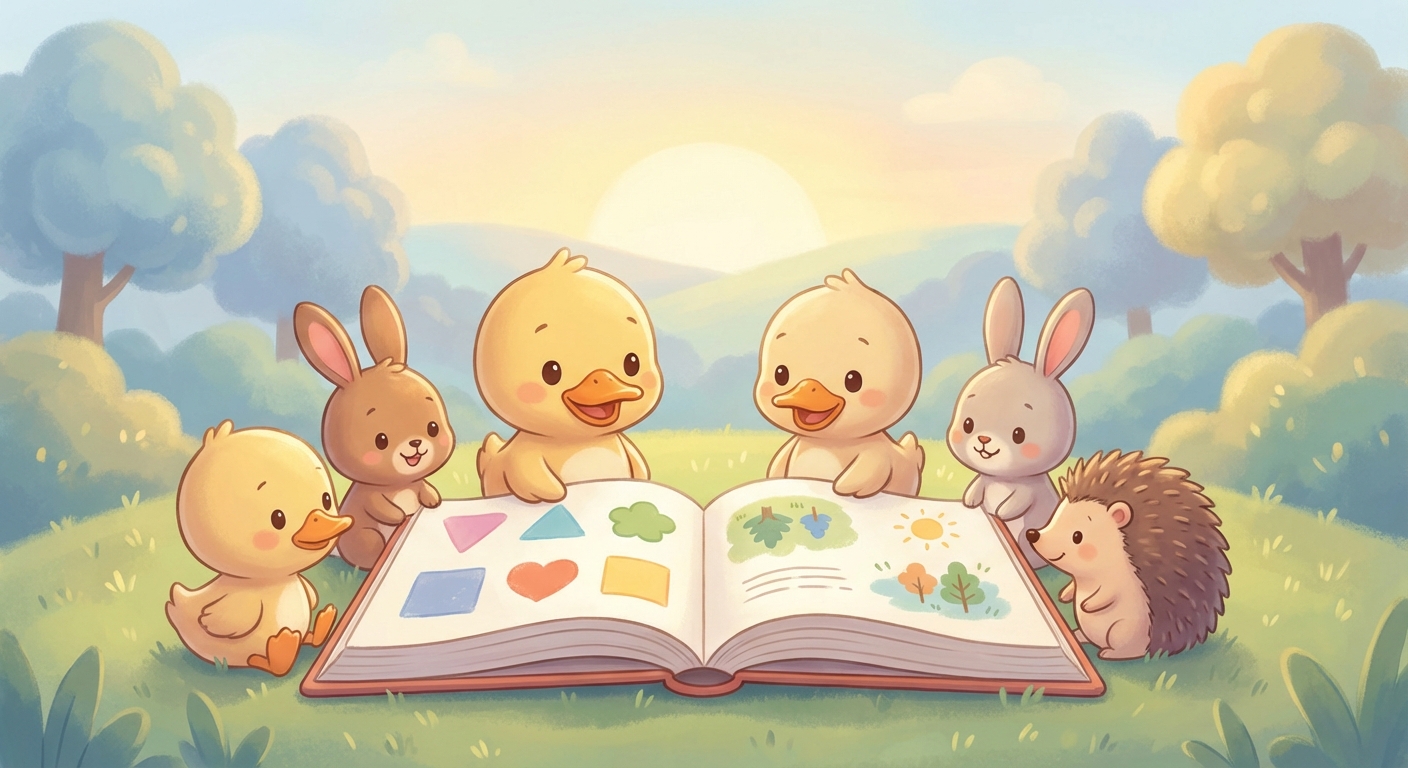 Duck Fun learning scene, Duck Fun animals discovering together, joyful storybook moment, gentle pastel illustration designed for ages 3-4, rounded shapes, caring expressions, text-free illustration with clean unmarked background, balanced composition, soft cinematic lighting, harmonious color palette, inviting and joyful mood