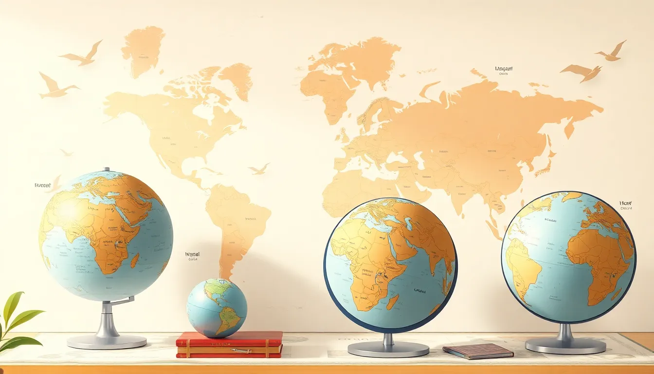 Economic Geography learning scene, Economic Geography world discovery, maps and globes inviting travel, stylized tween-friendly illustration for ages 11-13, aspirational and modern, text-free illustration with clean unmarked background, balanced composition, soft cinematic lighting, harmonious color palette, inviting and joyful mood